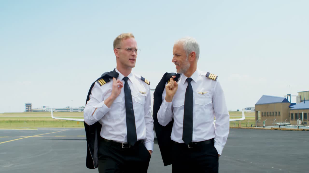 Two male pilots interacting with each other 4k