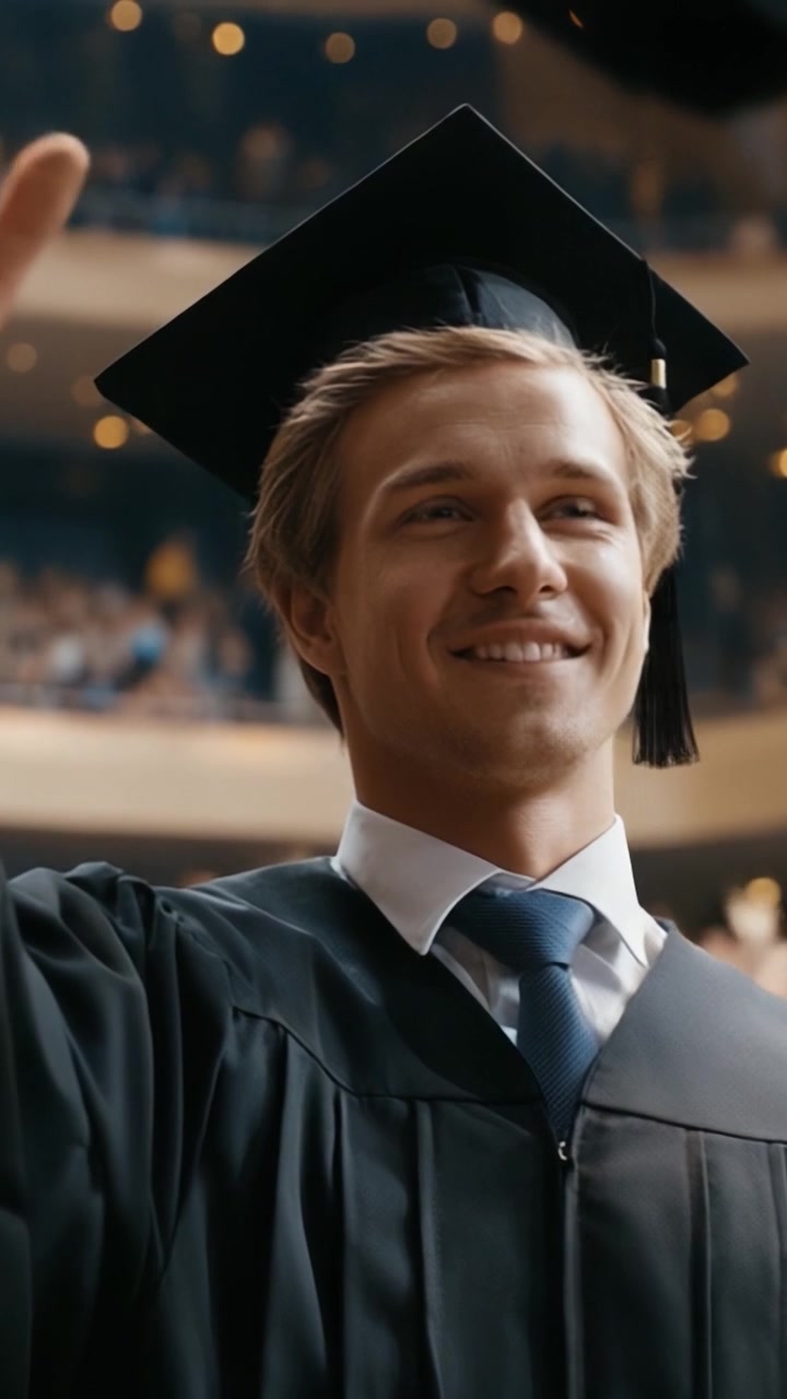 Un momento celebrativo: uno studente che si laurea saluta con gioia alla sua cerimonia di laurea, segnando il raggiungimento di un importante traguardo accademico nella vita.
