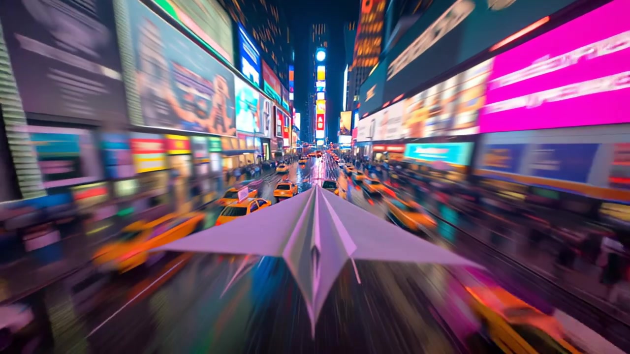 Dynamic footage of a paper airplane flying above a busy neon-lit city street at night, with strong motion blur, colorful billboards, traffic and urban energy