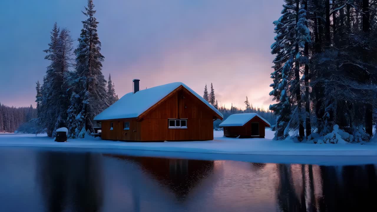 Talvimökki jäätyneen järven rannalla auringonnousussa/auringonlaskussa