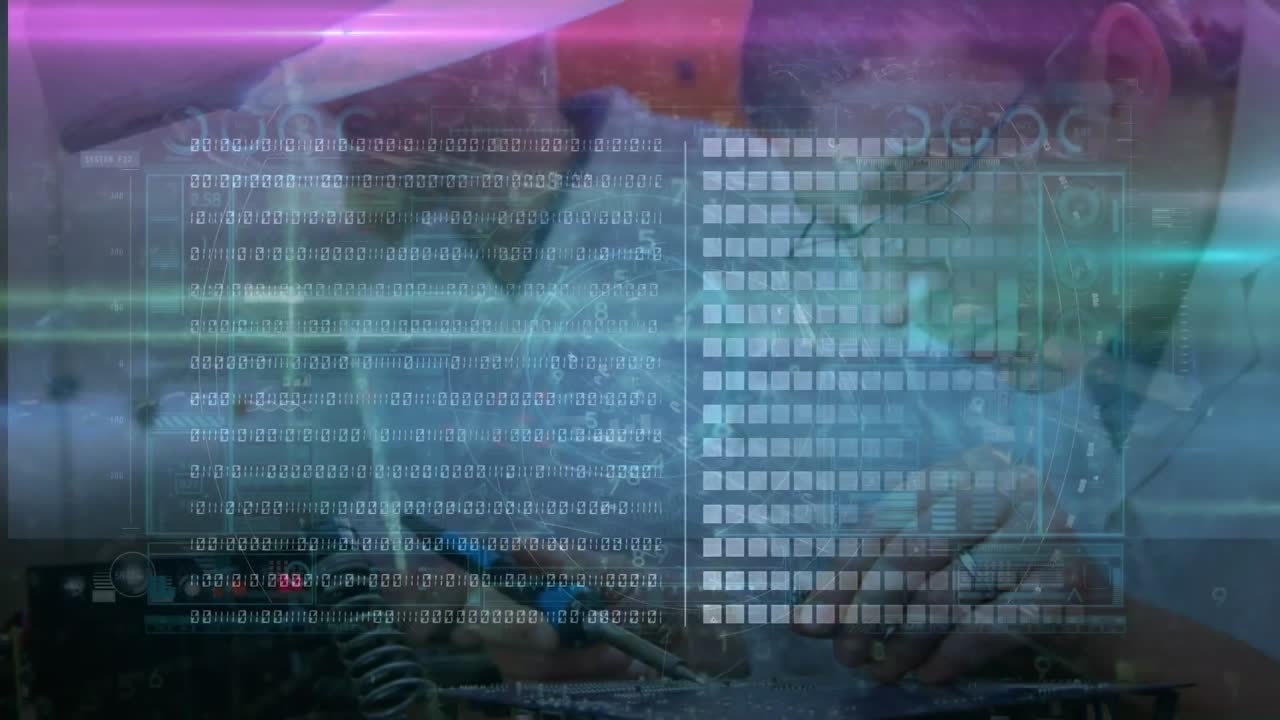 Animation of interface with data processing over two caucasian male engineers working at factory