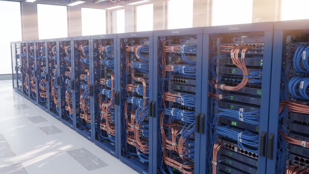 A Modern Data Center with Organized Server Racks and Complex Cabling Systems, Showcasing Cutting-Edge Technology for High-Performance Computing Solutions