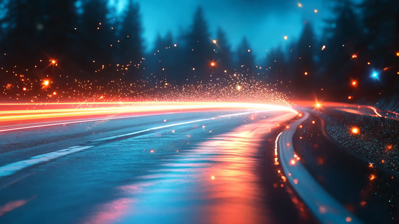 A blurry road with a bright orange line. The road is wet and the orange line is glowing