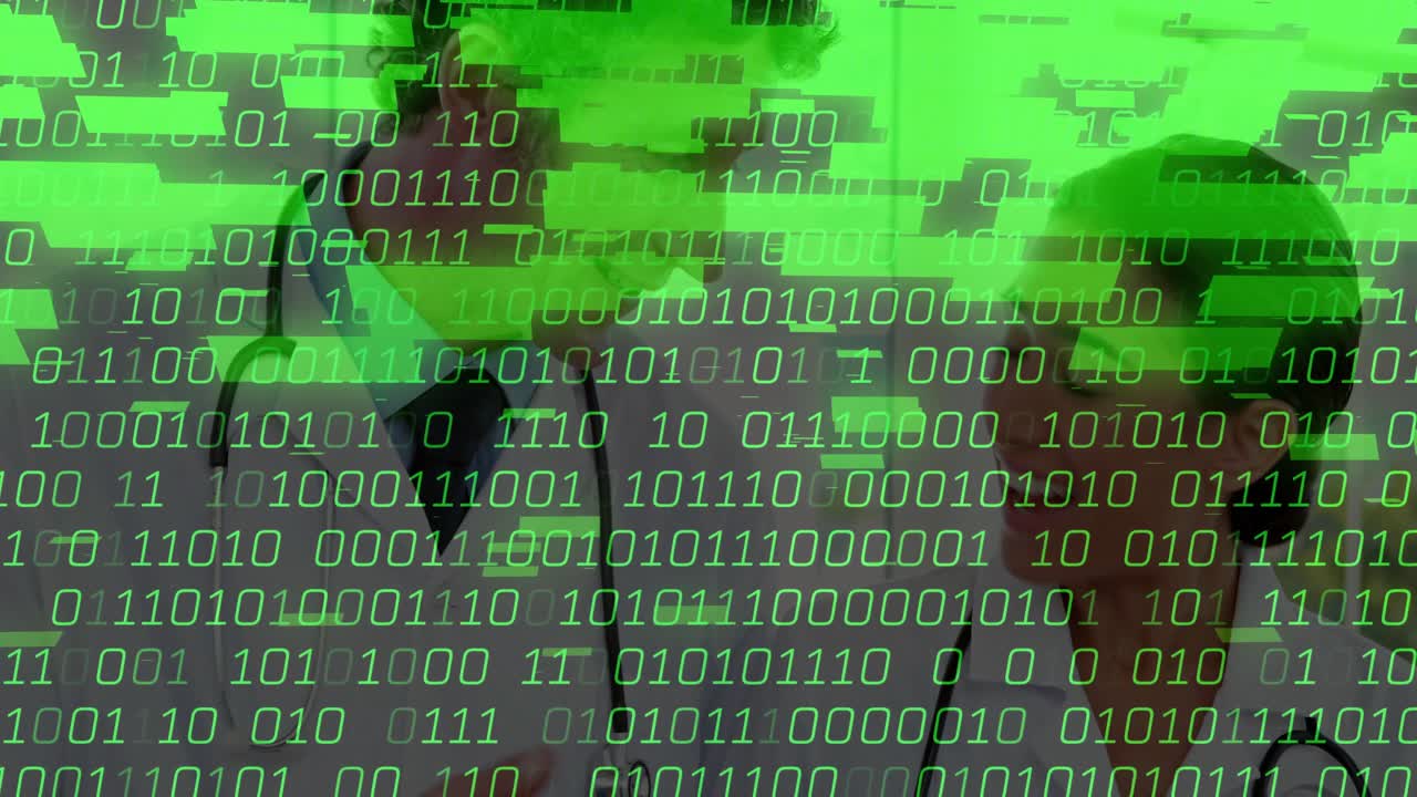 Two doctors analyzing chart initiating green binary code filling screen for data insight