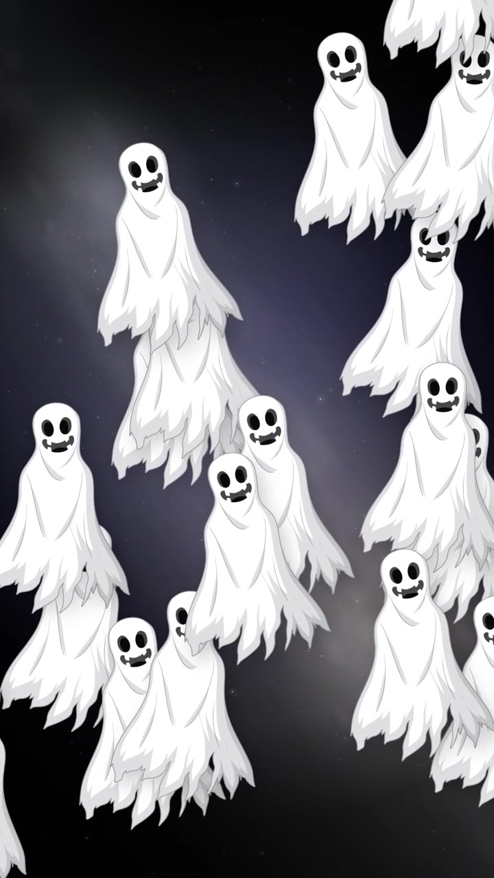 Fantasmi bianchi animati in stile cartone animato fluttuano verticalmente su uno sfondo di cielo notturno scuro e stellato