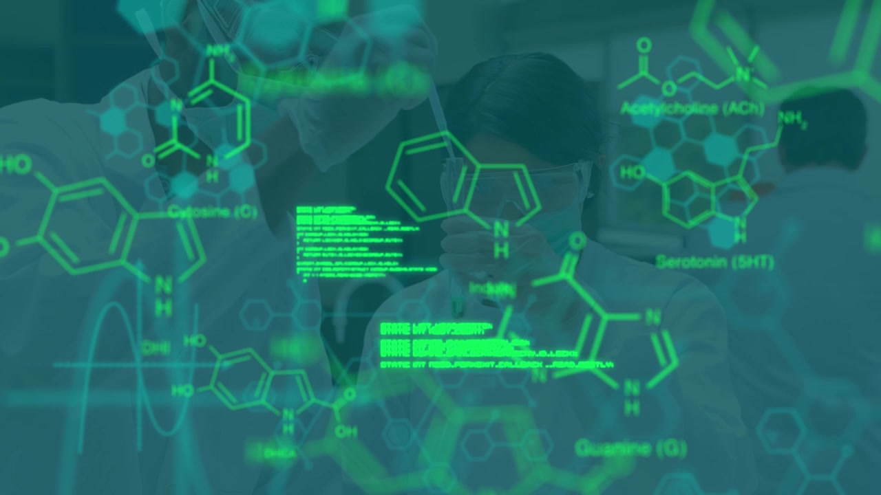 Animation of data processing and chemical formula over diverse scientists