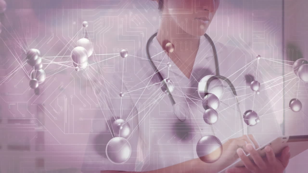 female doctor using tablet in medical tech, with floating molecular spheres and circuit patterns