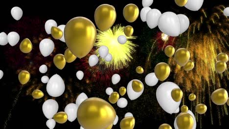 Animation-of-gold-and-white-balloons-with-colourful-christmas-and-new-year-fireworks-in-night-sky