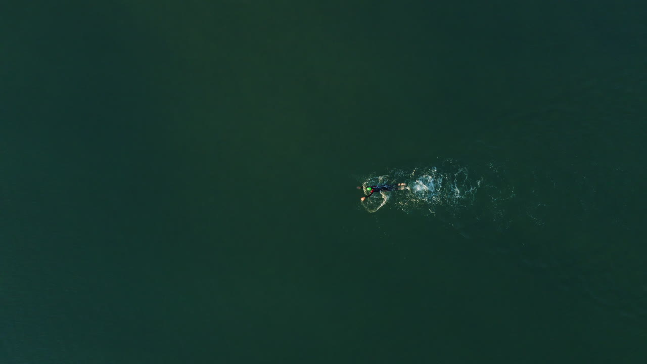 호주의 열린 바다에서 혼자 수영하는 프로 운동 선수의 공중 4k 드론 하향식 전망