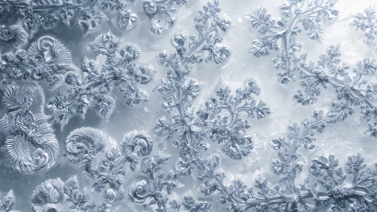 Cristalli di ghiaccio dendritici scintillanti che si spostano sul vetro mentre la luce fredda si muove, mostrando le goccioline