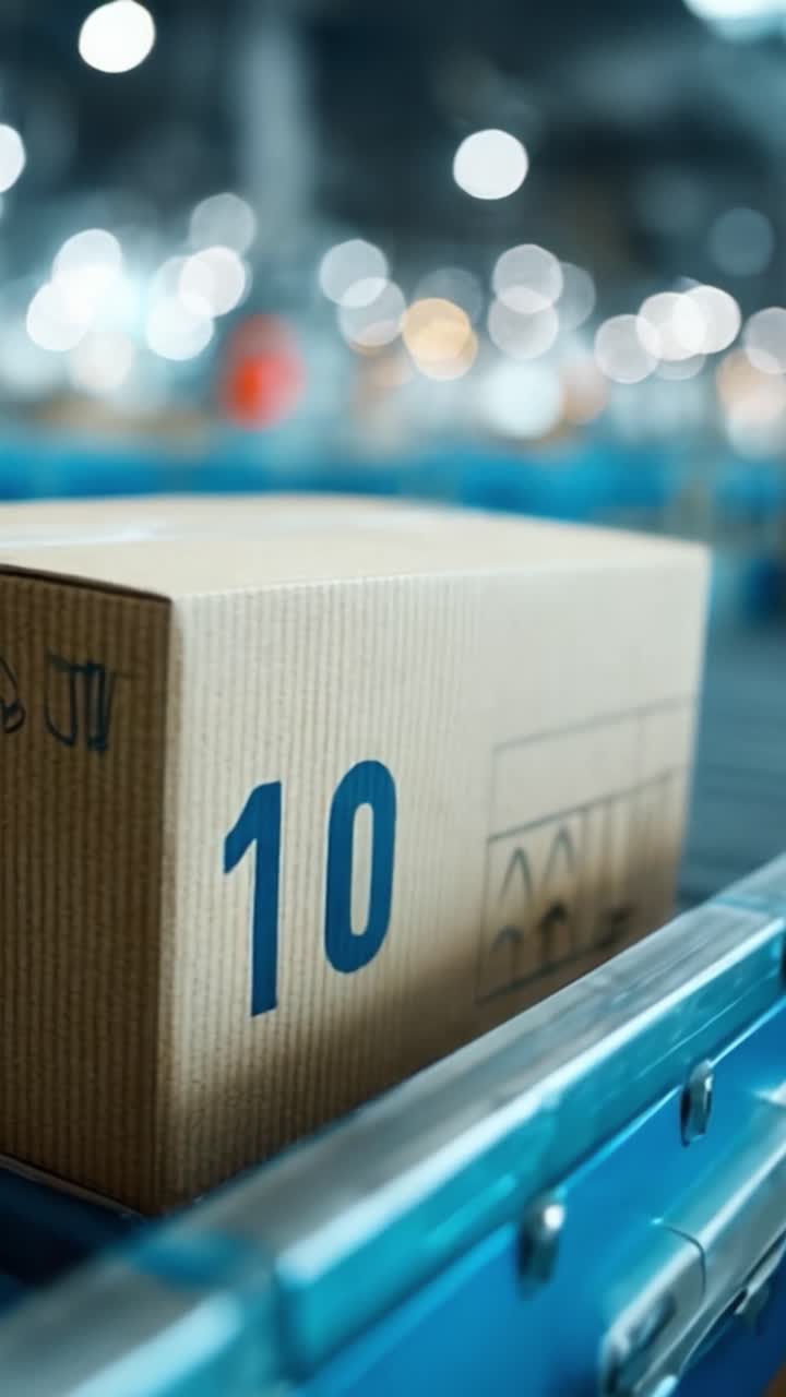 Una vista ravvicinata di una scatola di cartone marrone su un nastro trasportatore in un magazzino, evidenziando i processi di imballaggio e spedizione.