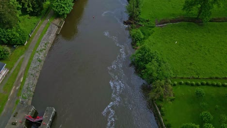 Aerial View of a Serene River and Lush Green Fields