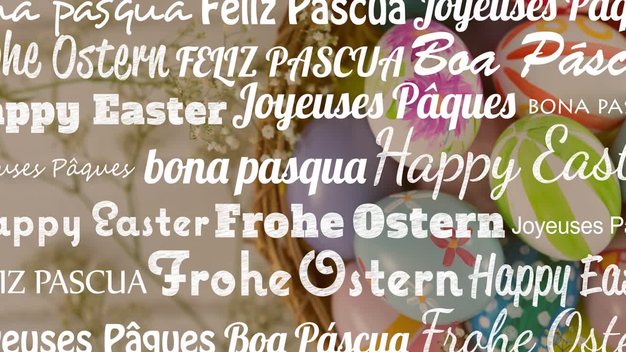 анимация счастливого пасхального текста на разных языках над многоцветными пасхальными яйцами в корзине