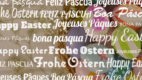 animación de texto de feliz pascua en diferentes idiomas sobre huevos de pascua multicolores en la canasta