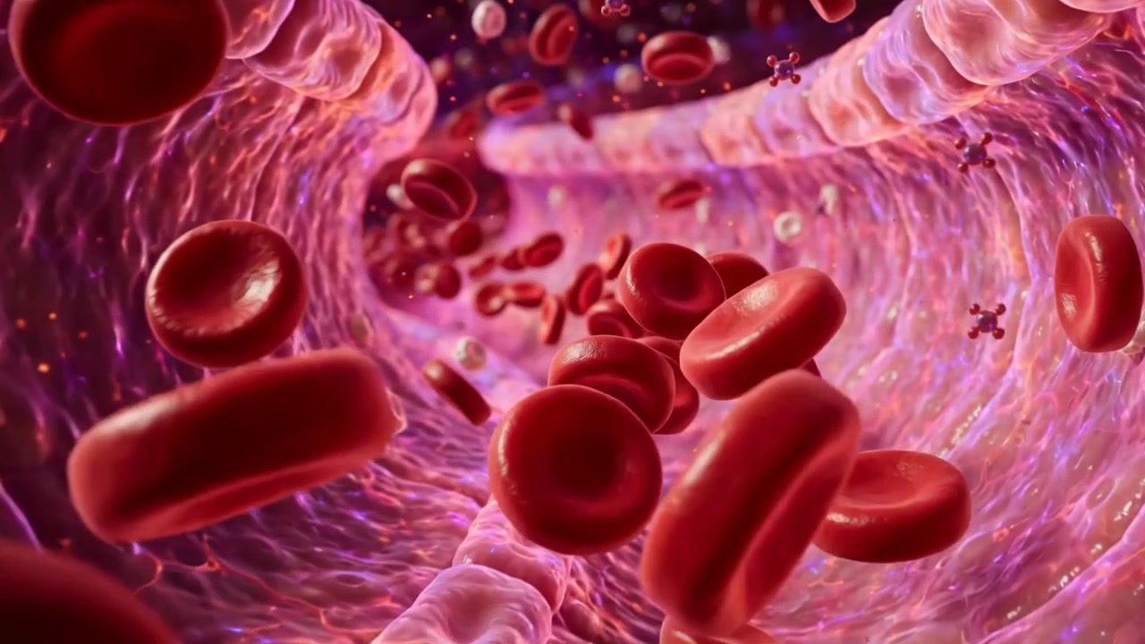 Globuli rossi che fluttuano attraverso una luminosa visualizzazione del flusso sanguigno medico con pareti dei vasi che brillano delicatamente