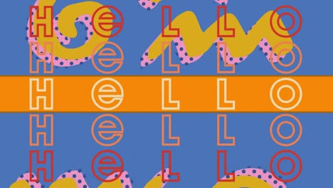 Animation-of-hello-text-repeated-over-shapes-on-blue-background