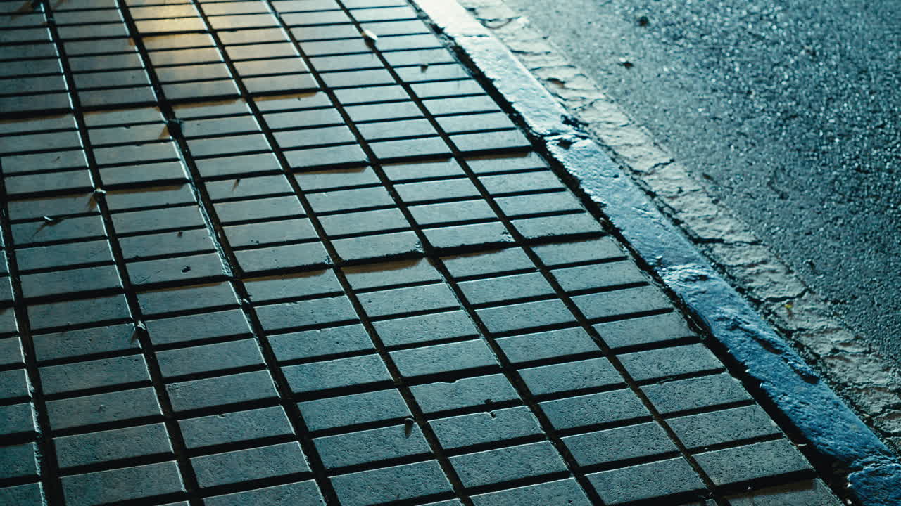 Moody close-up of rain-soaked sidewalk with windblown tree shadows moving across the tiles, interrupted by unseen cars headlights sweeping through frame