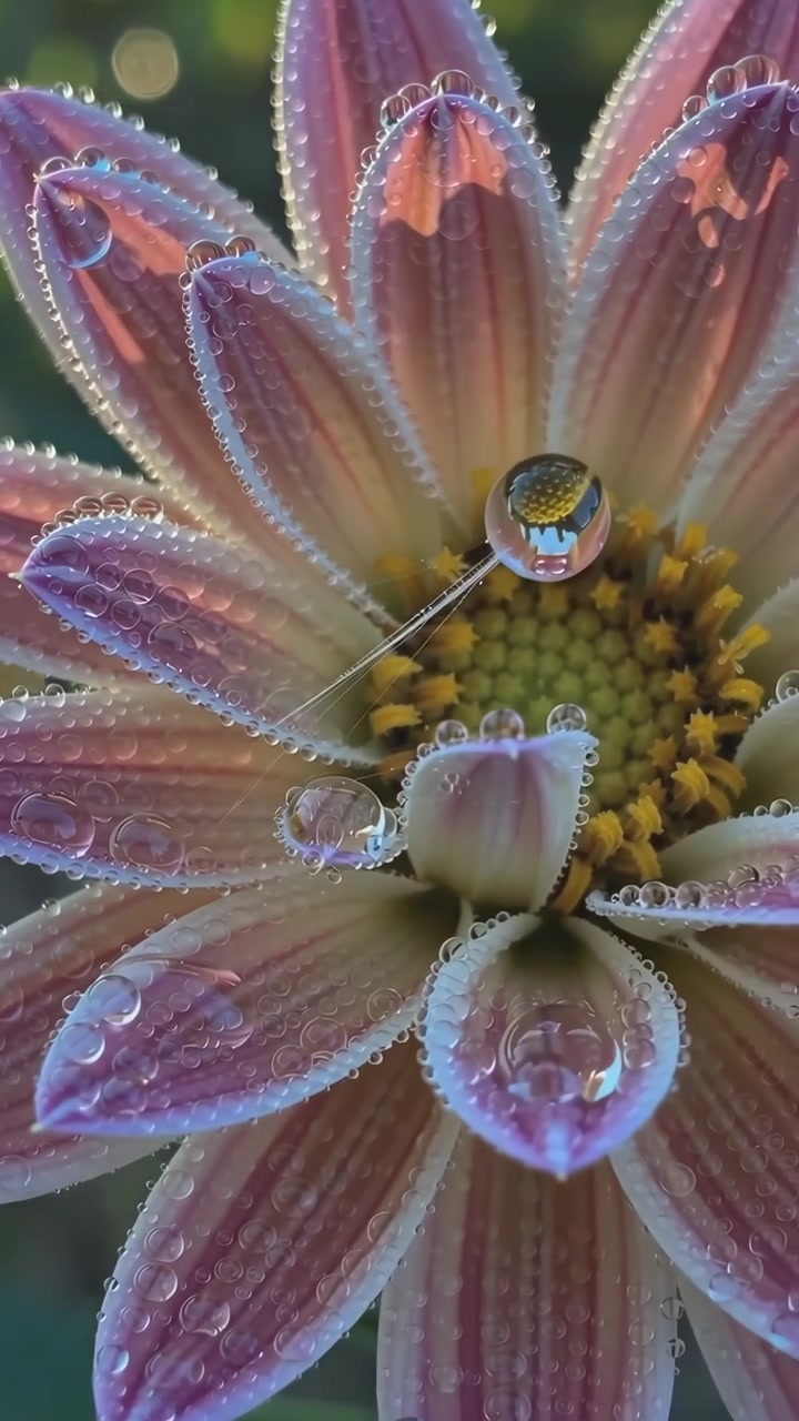 Delicate flower petals covered in morning dew with a water droplet reflection