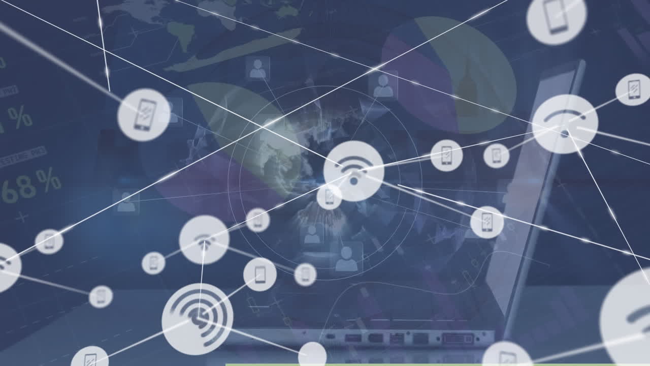 디지털 아이콘과 데이터 처리로 연결 네트워크의 애니메이션