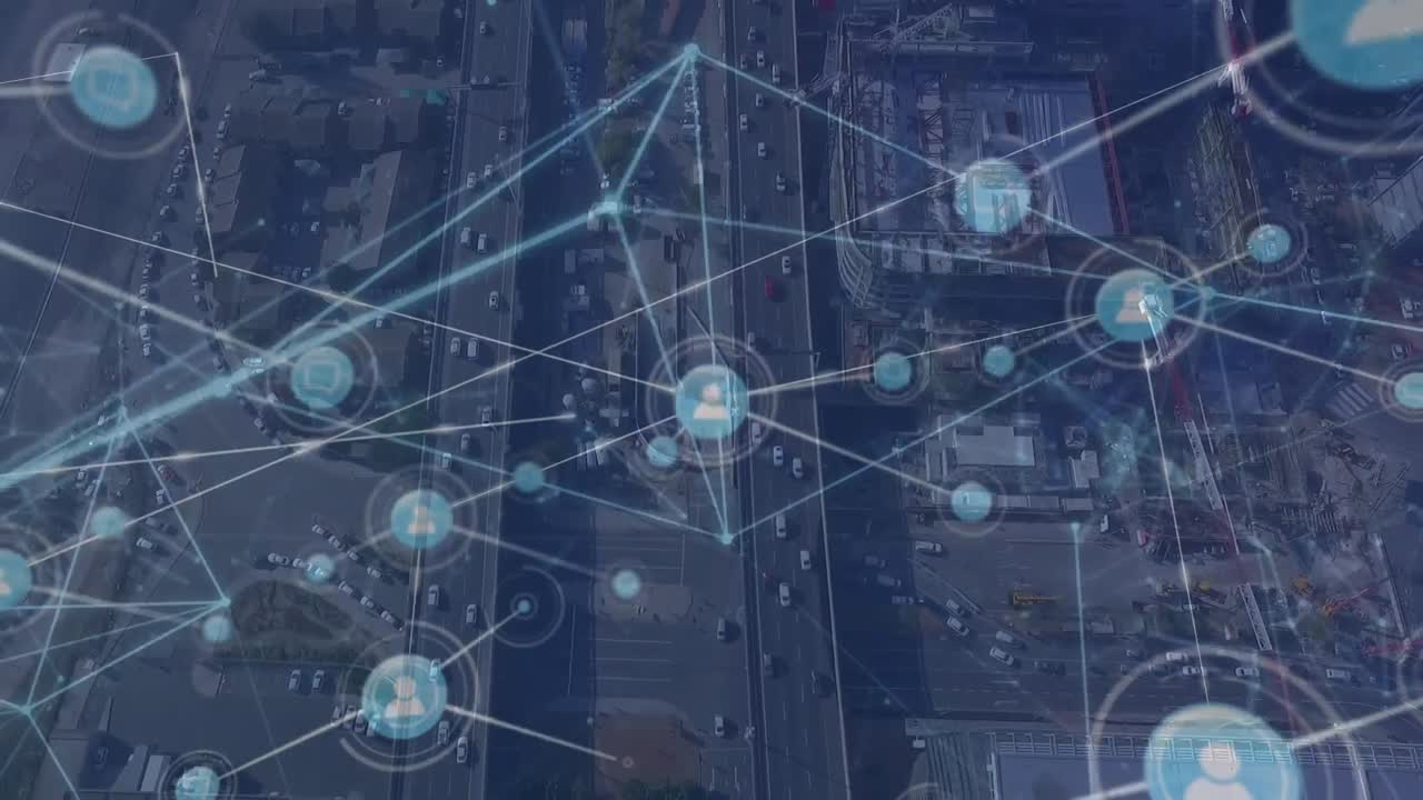 Animation of network of connections with icons over cityscape