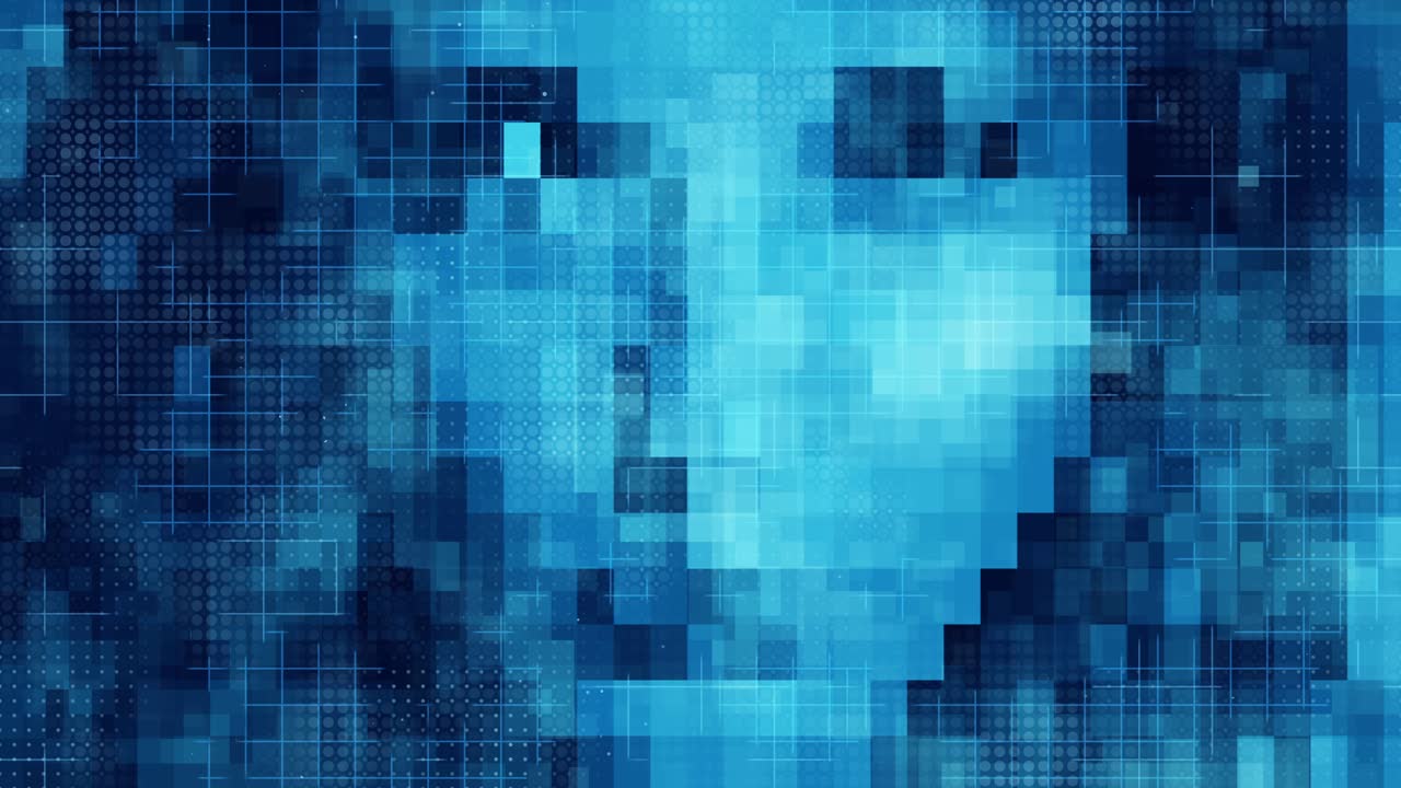 human face formed by an intricate blue grid and varying pixel patterns, representing a digital identity