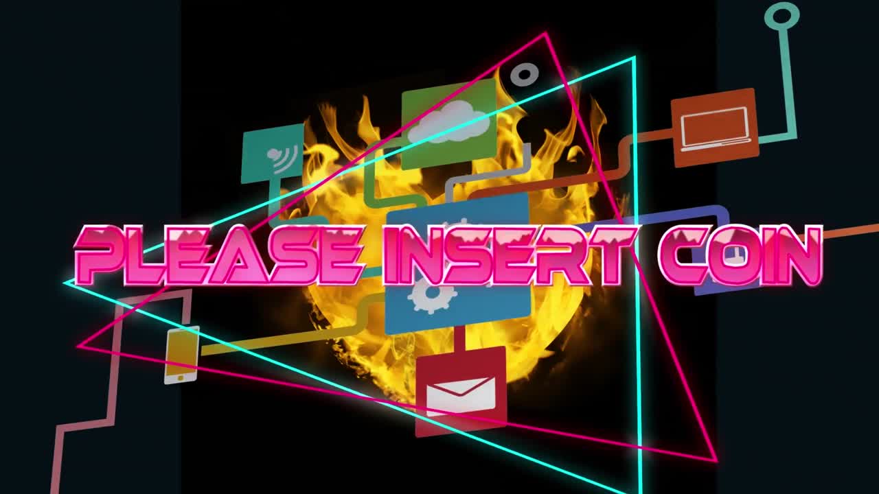 미디어 아이콘과 불꽃 위에 동전 텍스트를 입하십시오.