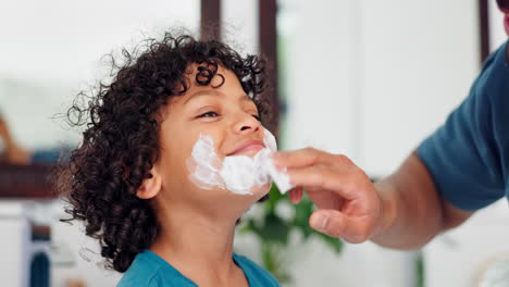 father, child and playing with beard cream