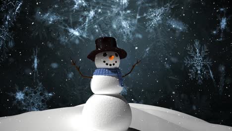 Snow-falling-over-snowman-on-winter-landscape-against-snowflakes-on-grey-background