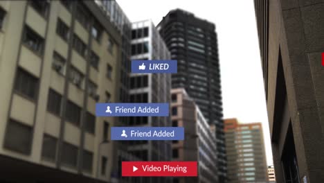 animation of falling social media icons over cityscape