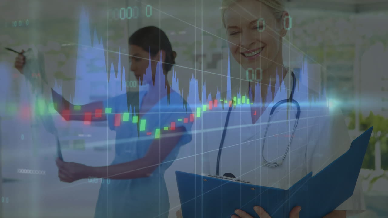 Female doctor holding clipboard while nurse reviewing X?ray in clinic showing finance chart overlay