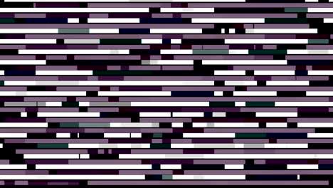 abstract horizontal parallel rows of short lines moving into the different directions on black background, seamless loop. animation. purple and white segments appear and flow fast