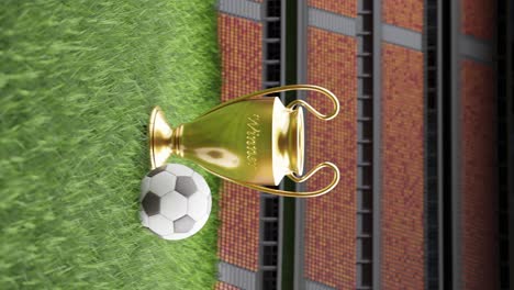 football tournament trophy with ball on a stadium soccer field, vertical with text space