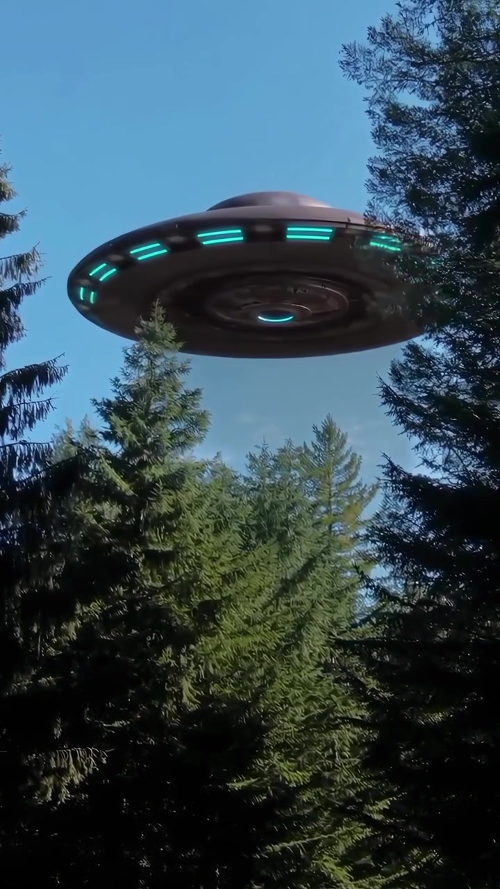 UFO flyr over furuskog
