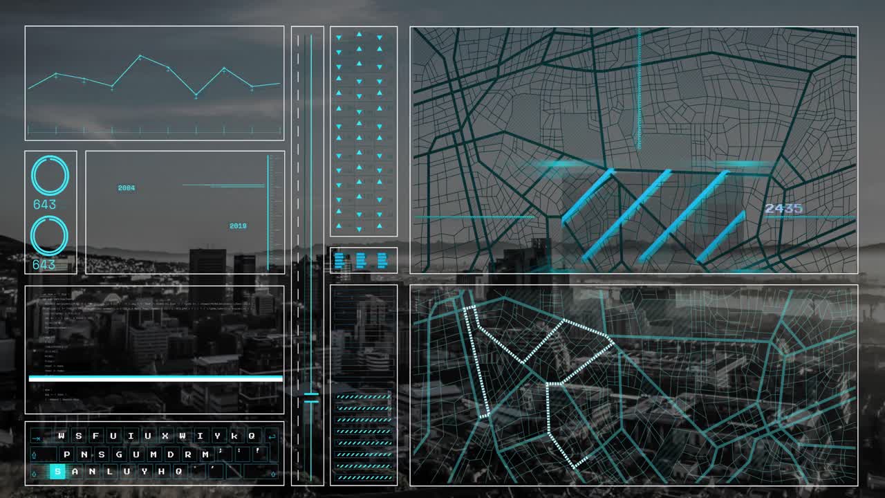 animazione dell'elaborazione dei dati, del paesaggio urbano e delle connessioni