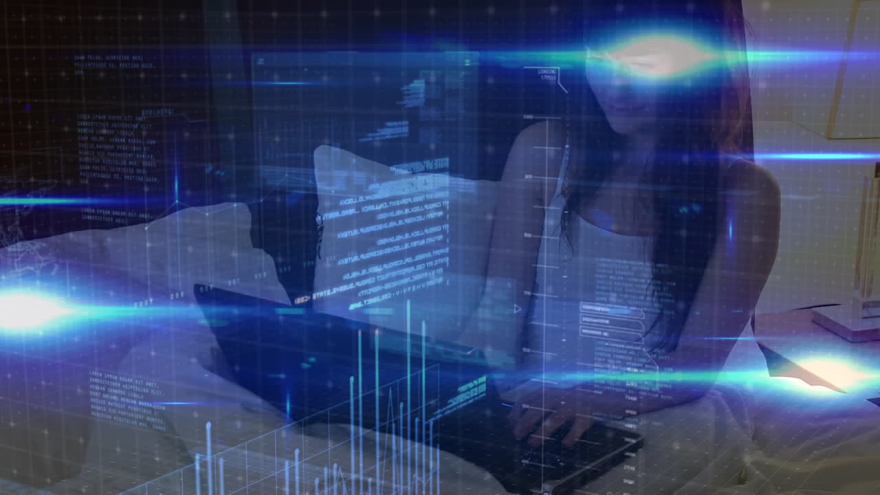 animación del procesamiento de datos sobre una estudiante usando una computadora portátil aprendiendo desde casa