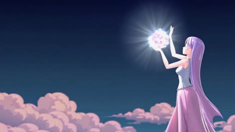 anime girl holding glowing orb in the sky