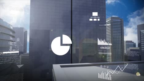 animation of digital icons and data processing against tall buildings