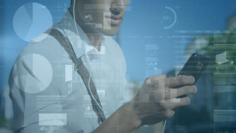 animación del procesamiento de datos financieros sobre un hombre biracial usando un teléfono inteligente
