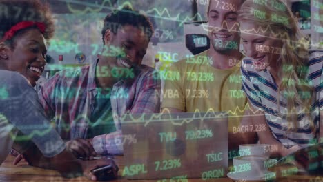 Animation-of-stock-market-data-processing-over-diverse-colleagues-smiling-while-looking-at-laptop