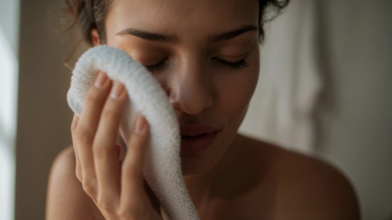 Pressing terrycloth, woman drying right cheek in bathroom after rinsing face, towel on shoulders