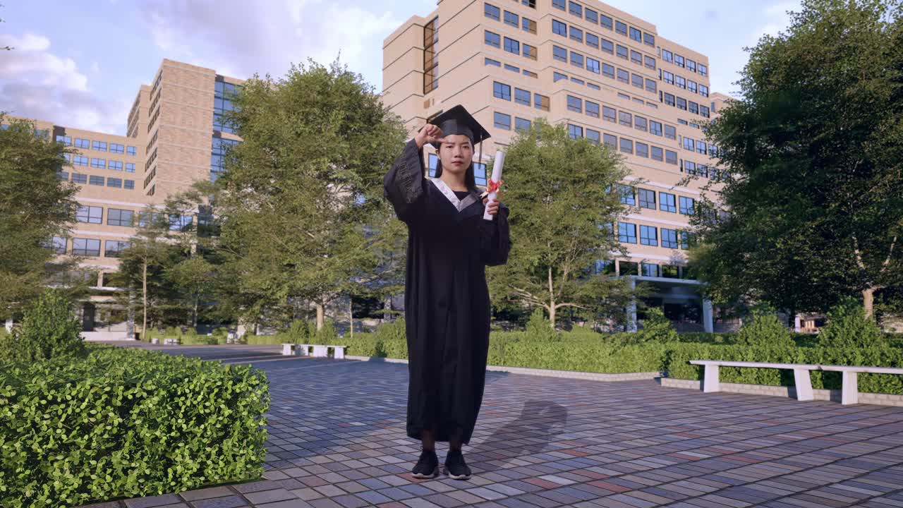 Woman in graduation gown holding diploma on campus