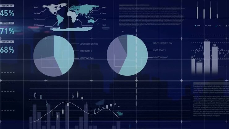 Animation of statistical data processing over cityscape against blue background