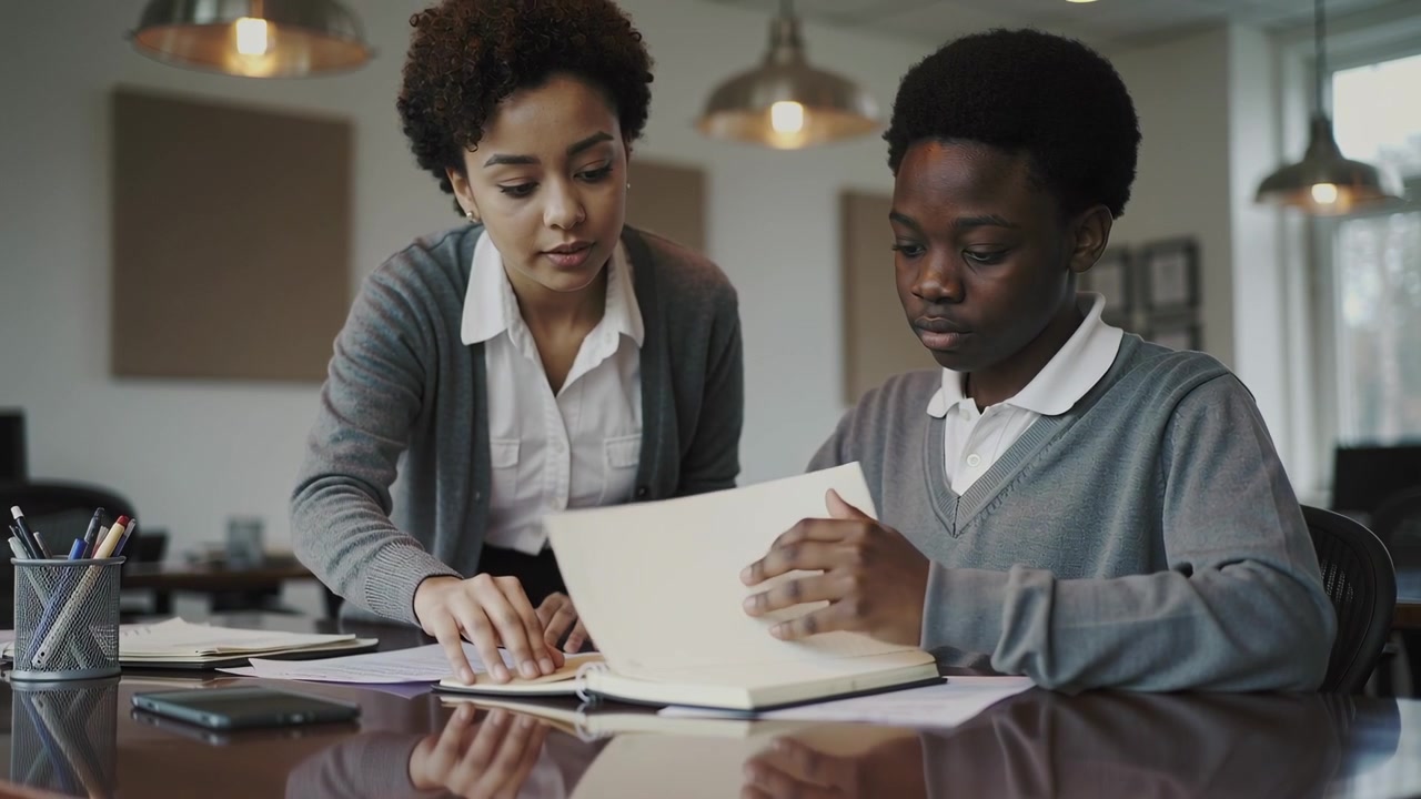 Placing card, tutor in cardigan guiding student in study room, pointing at notes, he turning pages