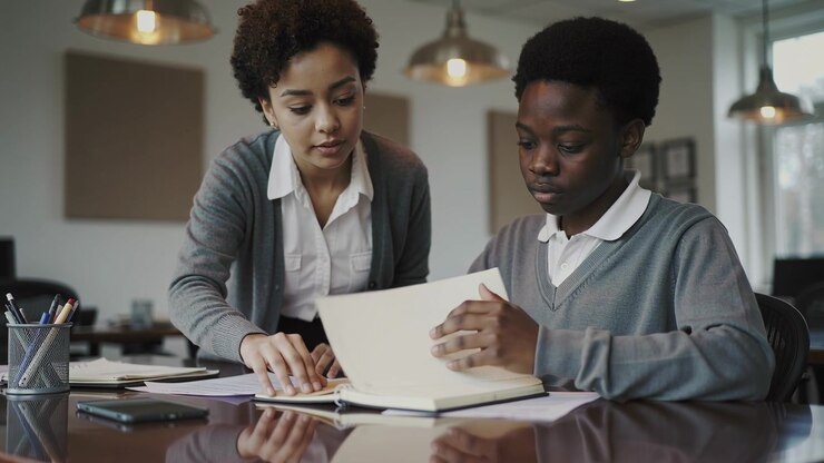 Placing card, tutor in cardigan guiding student in study room, pointing at notes, he turning pages