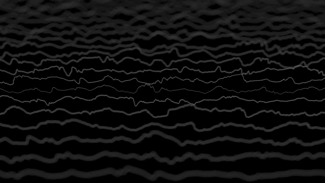 líneas blancas que forman una visualización de campo distorsionada en fondo negro. animación 3d cg abstracta, vista lateral, efecto de profundidad de campo.