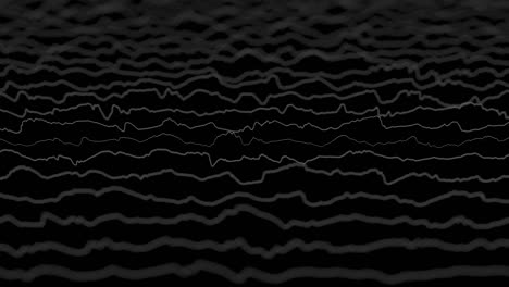 white lines forming distorted field visualization on black background. abstract cg 3d animation, side view, depth of field effect.