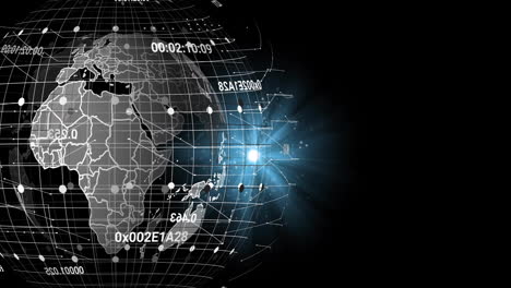 Animación-De-Números-Cambiantes-Alrededor-Del-Globo-Con-Patrón-De-Cuadrícula-Giratorio,-Destellos-De-Lentes-Sobre-Fondo-Negro