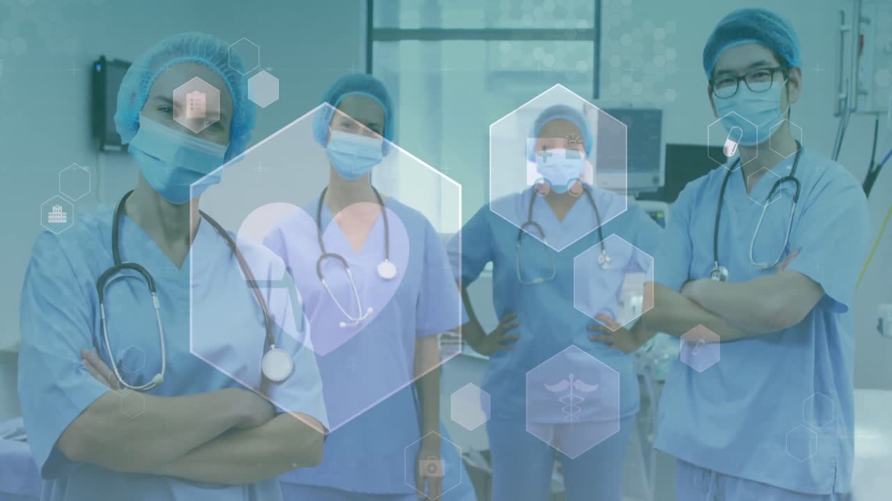 Animazione di icone mediche su medici multietnici con mascherine.