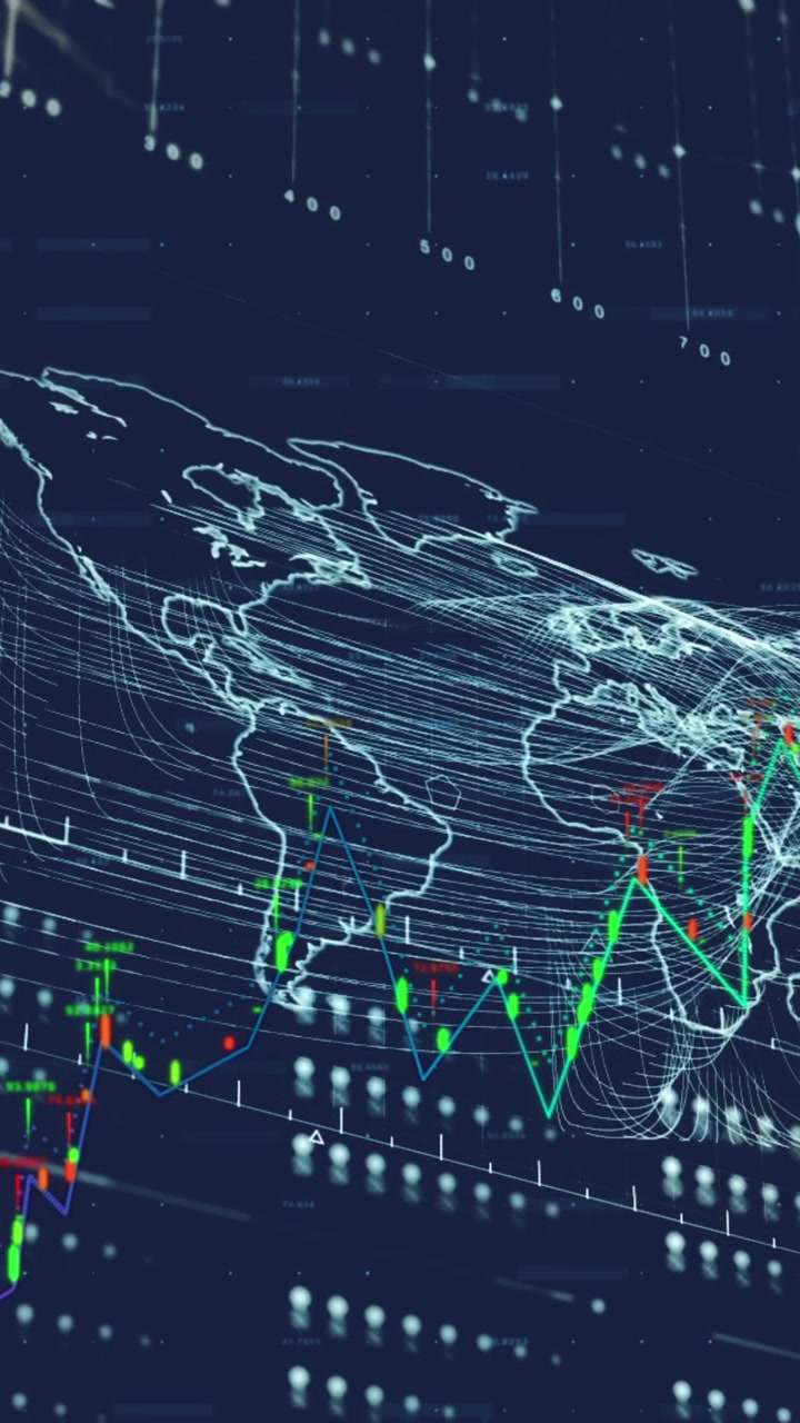 Animazione digitale che mostra l'analisi dei dati globali su un dashboard blu