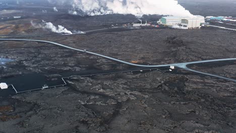 volcanic rock landscape at reykjanes power station in iceland, aerial